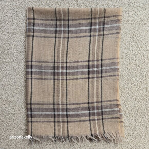 Wool Lightweight Tan Plaid Scarf - Picture 2 of 14